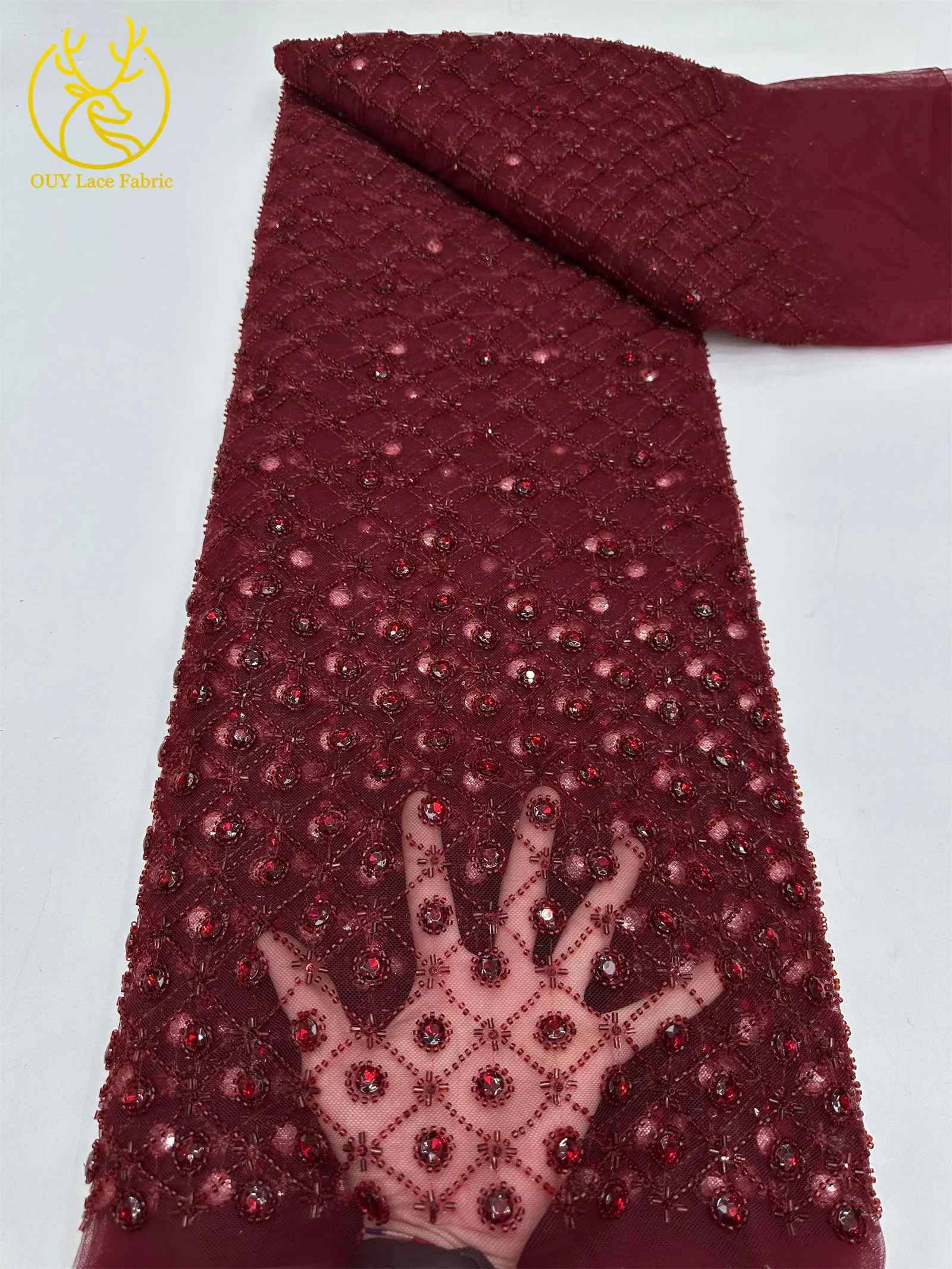 Smaragdgrüner Afrikanischer Tüll mit Perlen, Hochwertige Französische Pailletten-Spitze, Nigerianischer Mesh-Tüll für Hochzeitskleider – Detail 20