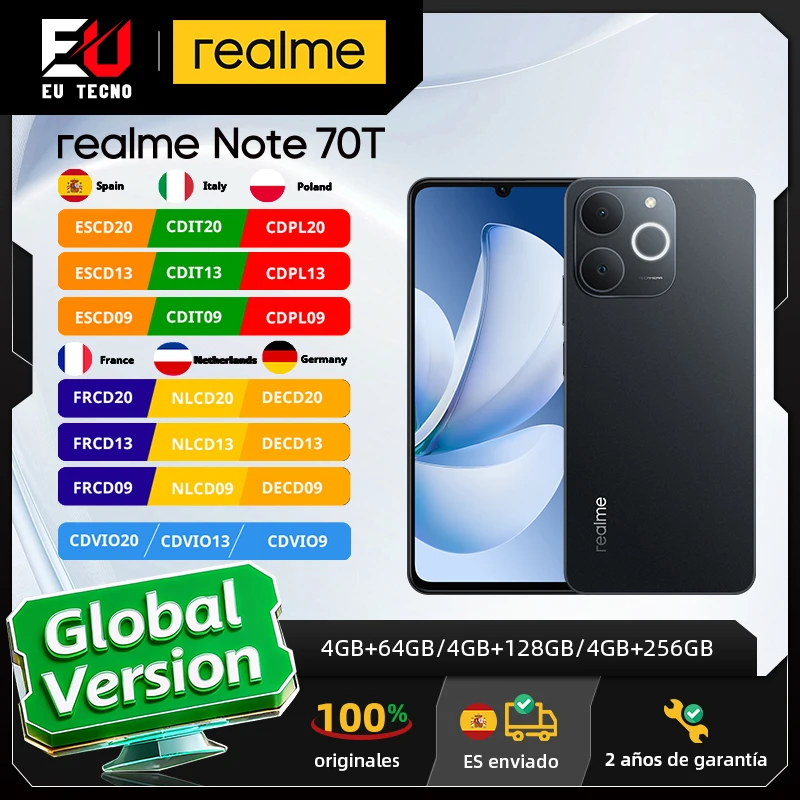 Versão global realme note 70t smartphone 6.75 polegadas tela 90hz 6000mah bateria 13mp al câmera octa-core chipset ip54