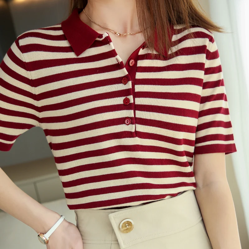 

100% хлопковый трикотажный полосатый топ с короткими рукавами и воротником-поло для женщин, новый корейский стиль, большие размеры, утягивающий эффект, для весны и лета