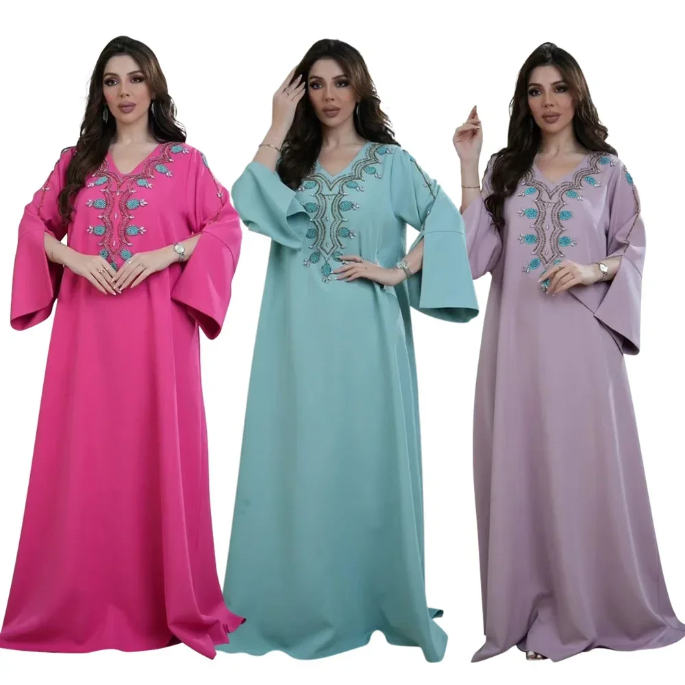 Diamond Casual Arabian Dubai Abaya Loose Muslim Dress Women Party Holiday Long Sleeve Daily Dress Kaftan Femme Musulman Caftan