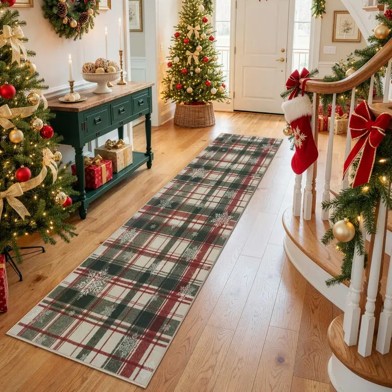 VIKAMA Christmas Plaid Runner Rug Red Green Checkered Hallway Long Carpet Non Slip Washable Entryway Happy New Year Home Decor