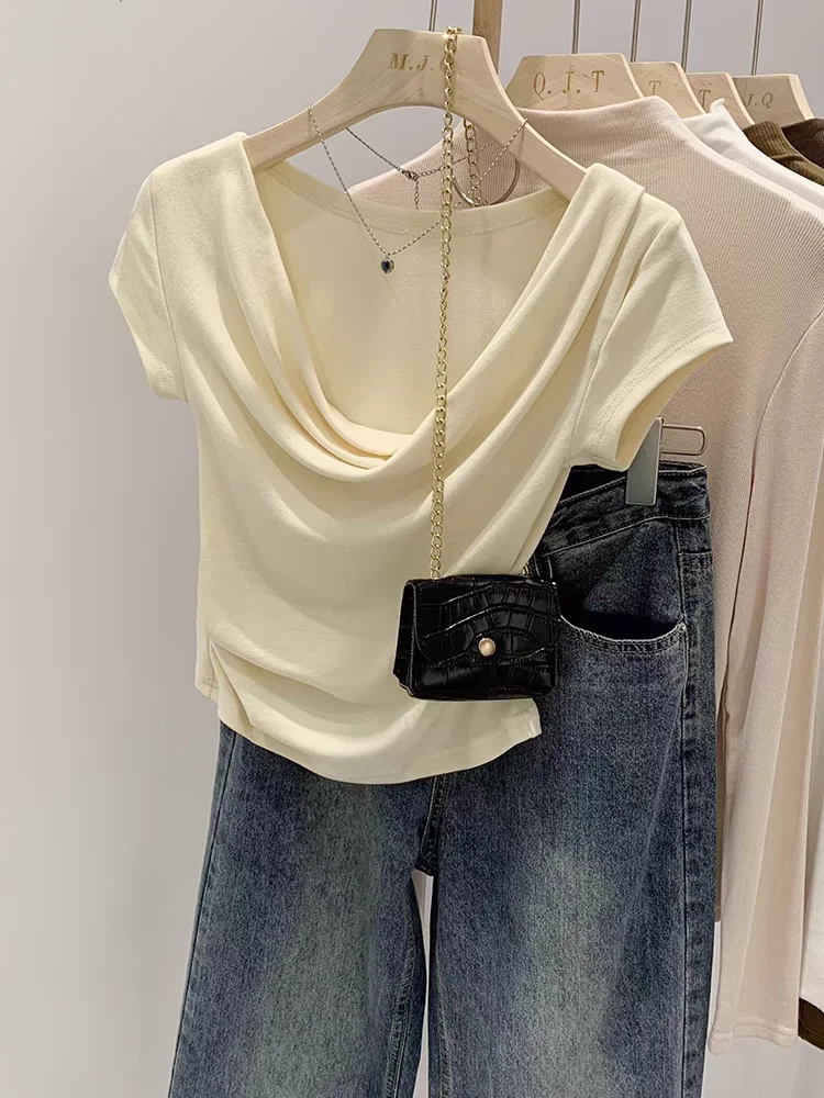 Slim Fit Short Sleeve T-Shirt Women's Summer 2025 New Style Splice Neck Design Elastic Casual Top Fashion Sensation