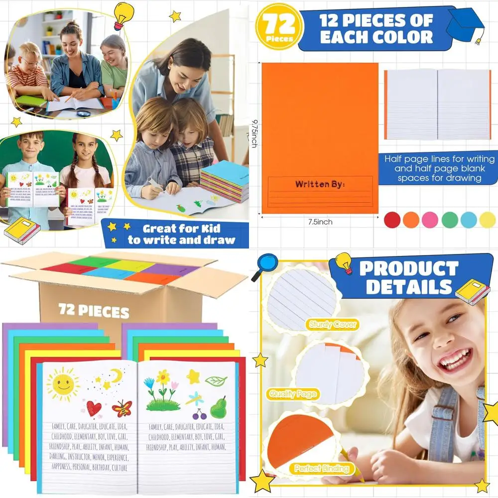 

60-Page Colorful Primary Notebooks for Kids, 9.75 x 7.5, Ideal for Writing and Drawing, Bulk Journals for K-2 Students