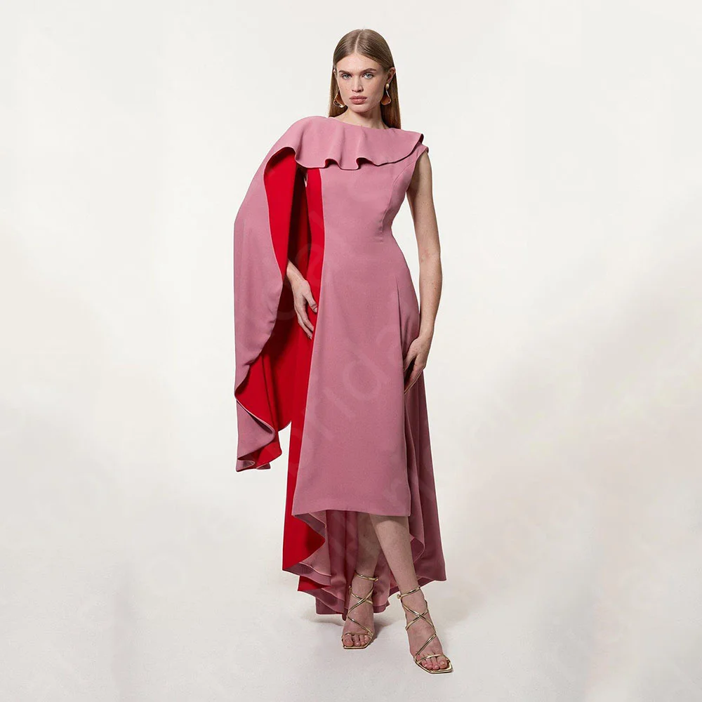 

Customized Classic Blush Prom Gowns Contrast Color Prom Party Dresses High Low Wedding Guest Gowns with Cape Round Neck