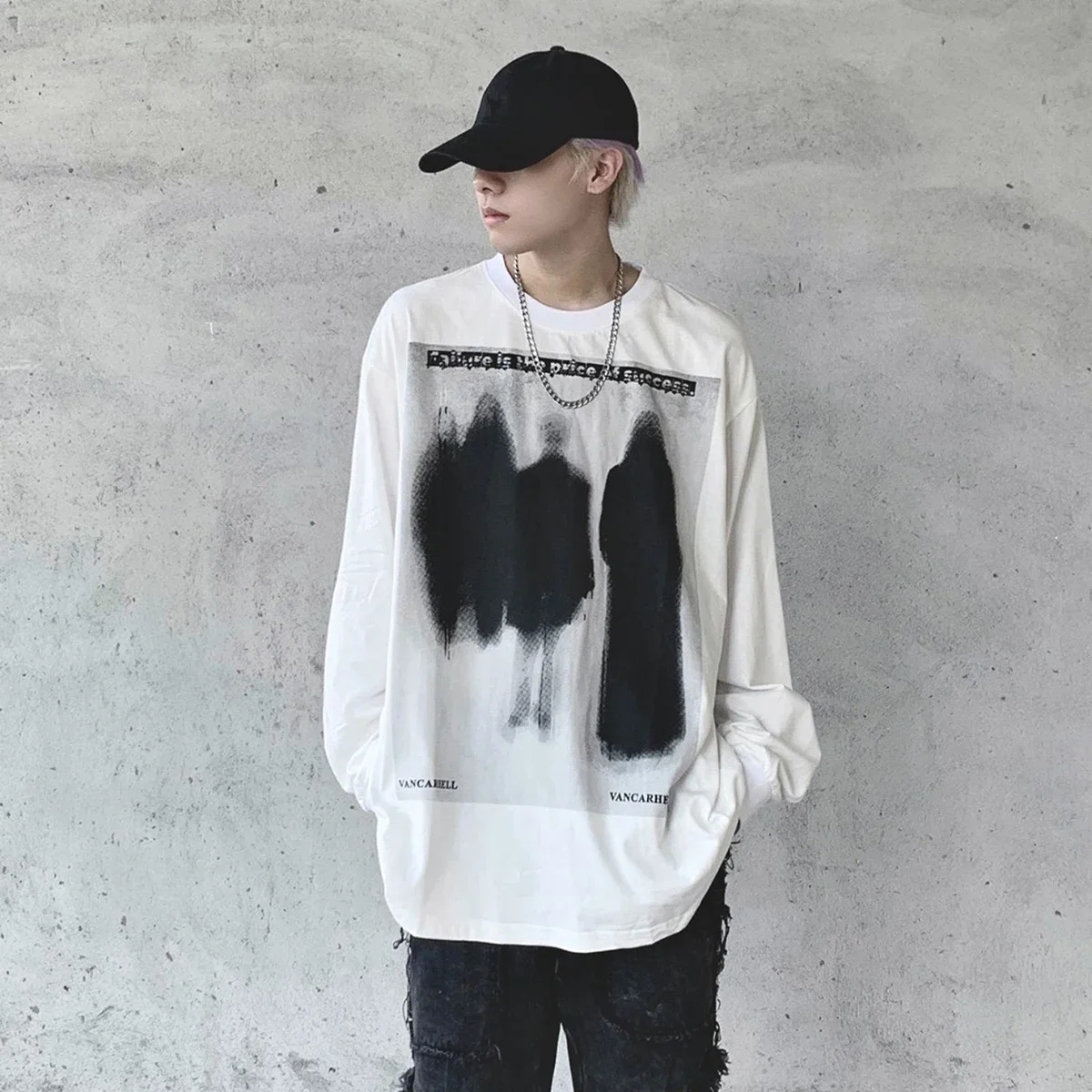 Demon Print Long Sleeve T-shirt Mens High Street Crew Neck Cotton Tee Streetwear Loose Casual T Shirt Men