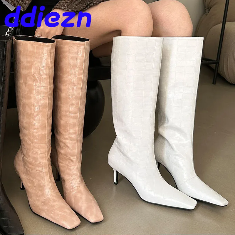 

Designer Western Women Knee High Booties Female Thin Heels Shoes Fashion Party Modern Ladies Long Boots Slip On Footwear