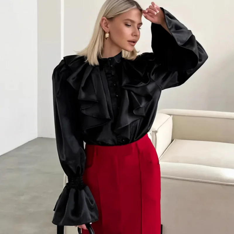 جديد الخريف الشتاء الفرنسية أنيقة بلوزة المرأة كشكش الوقوف طوق لامعة جرس كم قميص أنيق #2