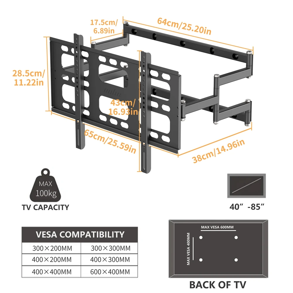 Full Motion Swivel TV Wall Mount Bracket for 40-85 Inches with Articulating Arm