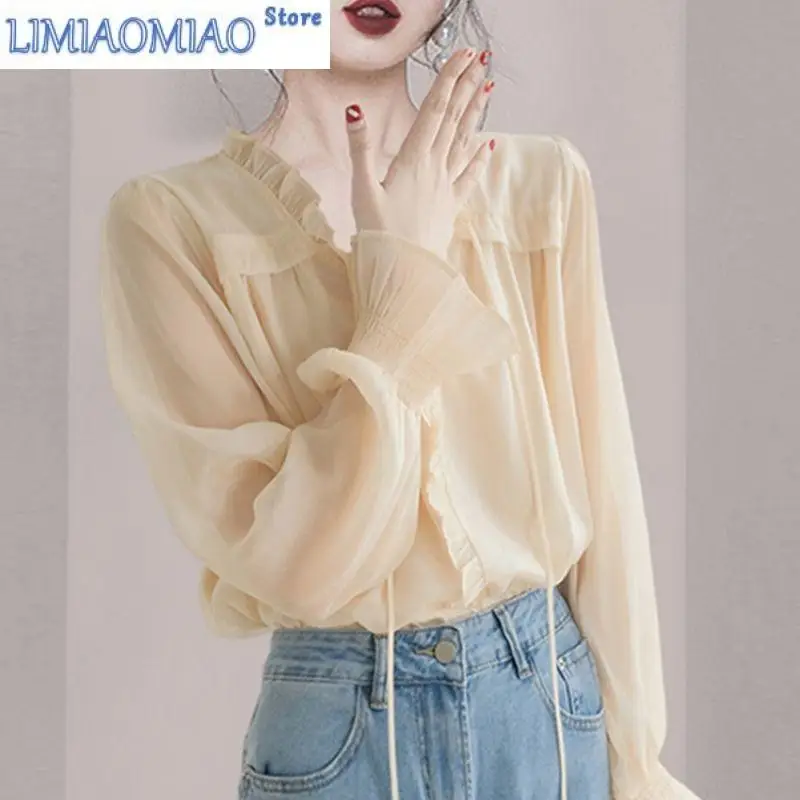 

Шифоновая рубашка во французском нежном стиле с длинными рукавами для женщин