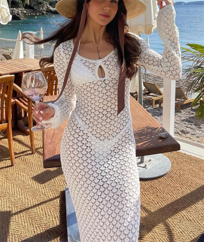 Women's Sexy Long Sleeve Bandage Bodycon Beach Dress Crochet Knit Bikini Cover up Sunscreen Robe Bathing Suit