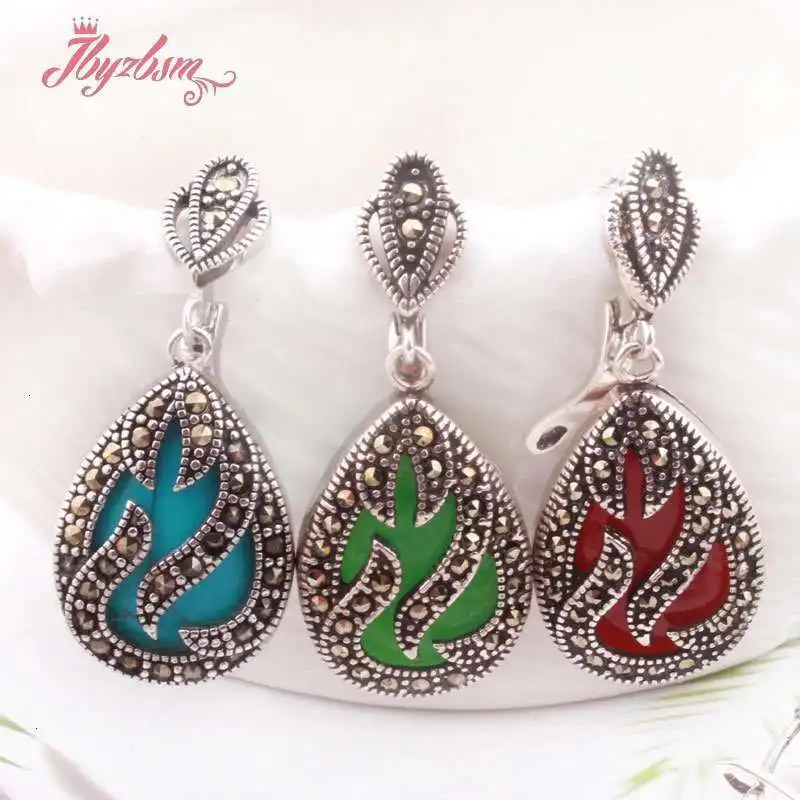 

16x22mm Drop Coral Jade Shell Stone Inlaid Marcastie Tibetan Silver Huggie Earring Jewerly 1 Pair for Women Gift Free Shipping