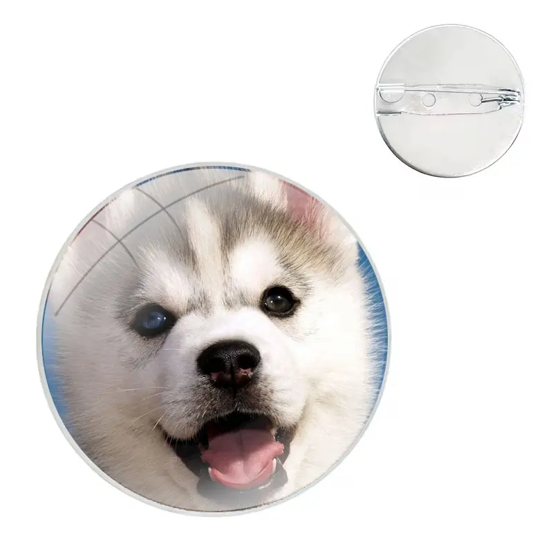 Glass Dome Brooches Shirt Lapel Bag Cute Badge Pins For Clothes Hat Accessories Funny Siberian Husky Dog