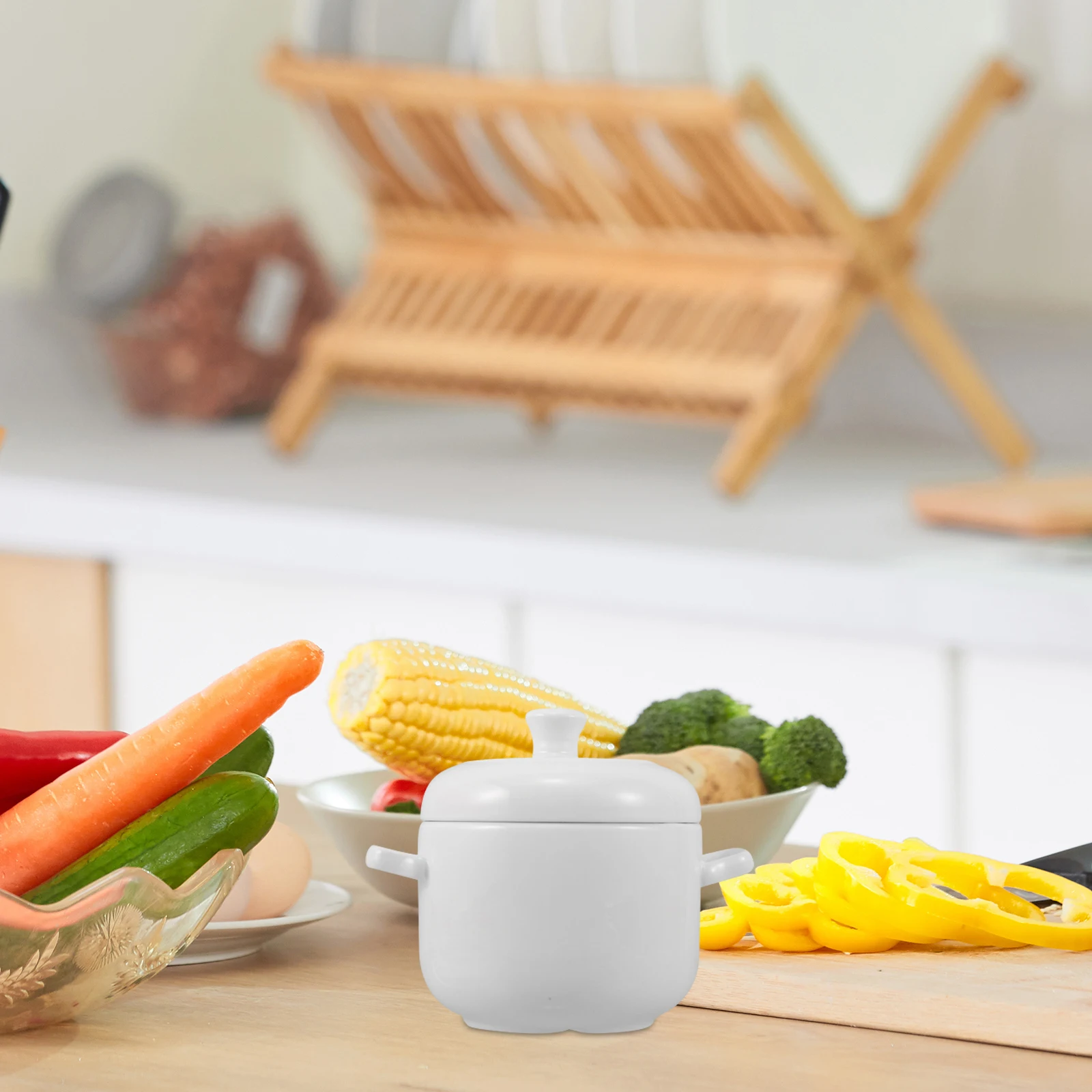 

White Ceramic Stew Pot 600Ml Lid Dual Handles Porcelain Steaming Cup Small Soup Cooking Pot Kitchen Restaurant Supplies