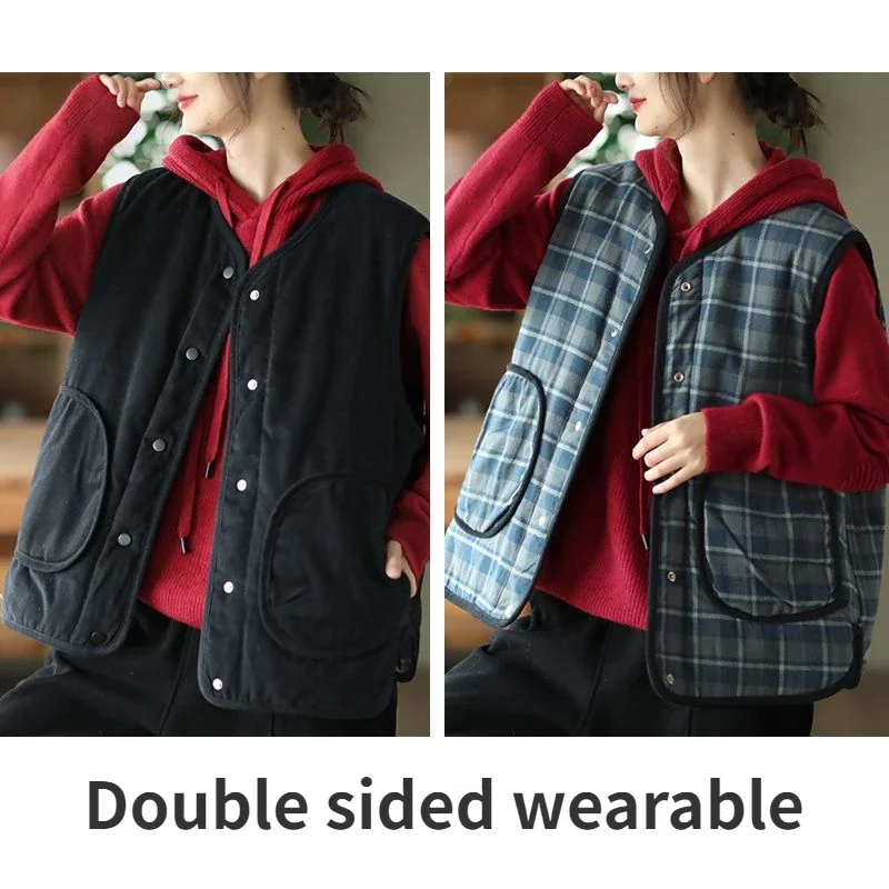 Oversized Women Vintage Plaid Puff Vest Cotton Autumn/Winter Sleeveless Jacket Cardigan New Buttons Cardigan Coats