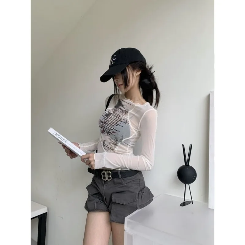 Mesh Transparent Pilz Gedruckt Rundhals Langarm T-shirt Damen Slim Bottoming Shirt Top