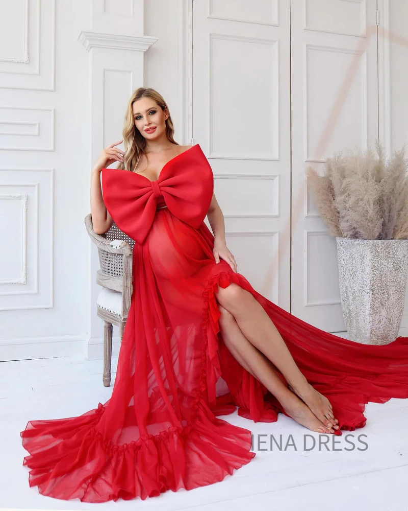 Vestido de maternidade para gestantes, laço vermelho brilhante, ombro fora, vestido irregular para convidados de casamento, sessão fotográfica, festa de bebê, 2023, 18136 #