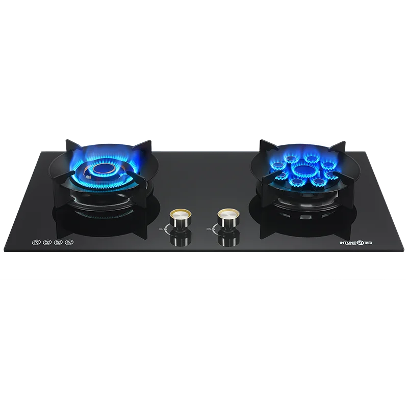 B932D موقد غاز بشعلة ثنائية - سطح زجاجي مدمج مع إشعال البطارية، نوع غاز البترول المسال لمطابخ المنزل والفنادق