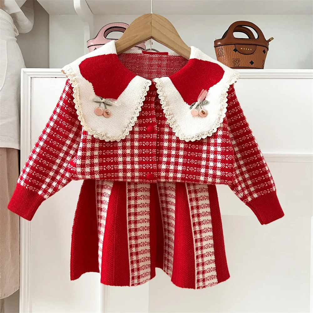 Autumn New Baby Girls Cardigan + Knitted Skirts 2 Pcs Sets Kids Cotton Clothes Knitwear Toddler Girls Sweaters Pullovers Coat