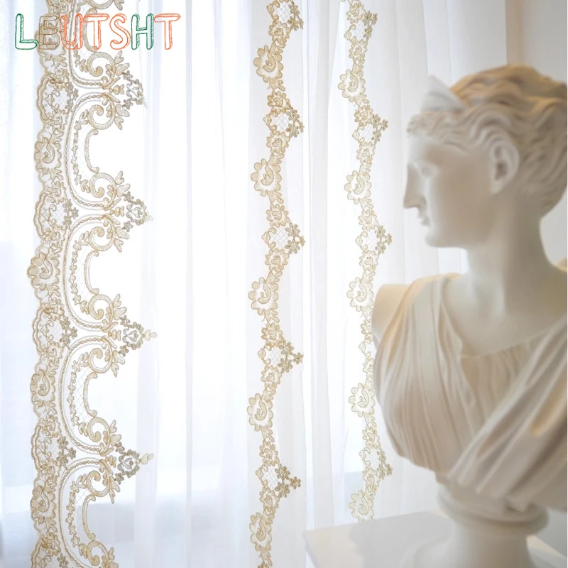 

French Light Luxury Princess Style Semi-transparent Three-dimensional Embroidery Embroidered Beads White Lace Window Curtain