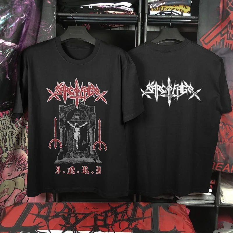 SARCOFAGO, una banda de metal brasileña Black Death Rapist, camisetas retro para hombres y mujeres en I.N.R.I. Festival de Música