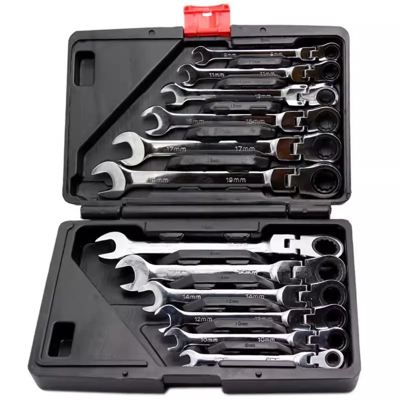 12Pcs 72-Tooth Ratchet Wrench Set, Adjustable Head Dual-purpose CR-V Steel Tools with Plastic Case