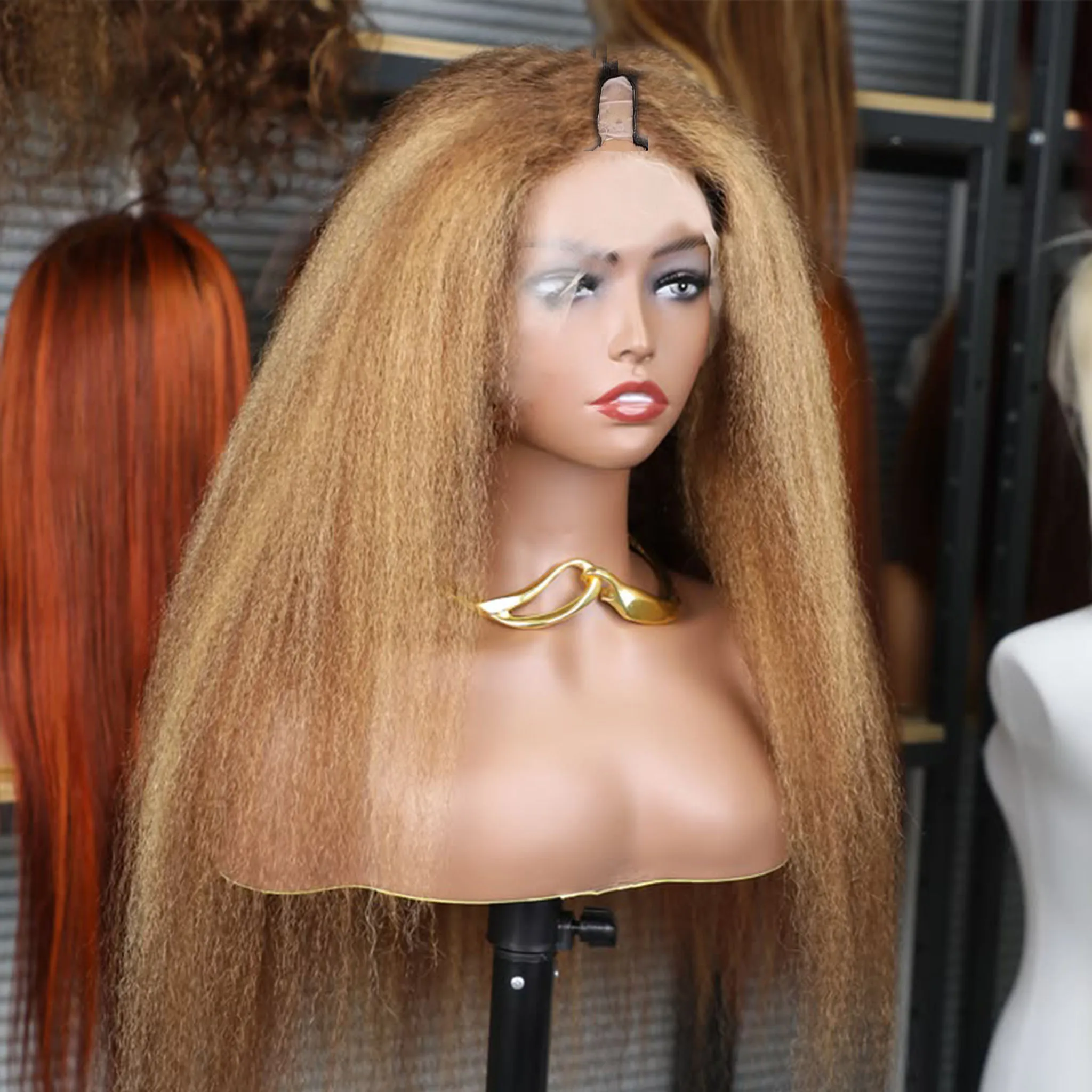 Kinky Straight 100% Remy Human Hair Highlight Honey Brown Easy Wear Glueless Full U Part Wigs for Black Women Yaki Straight Hair