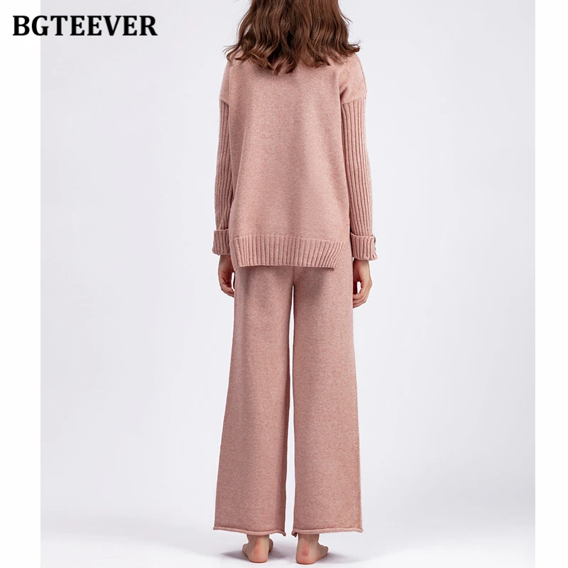 BGTEEVER Winter Turtleneck Sweater Set for Women Thick Pullovers Jumpers Female Wide Leg Knitted Pants Ladies Knitting Suits