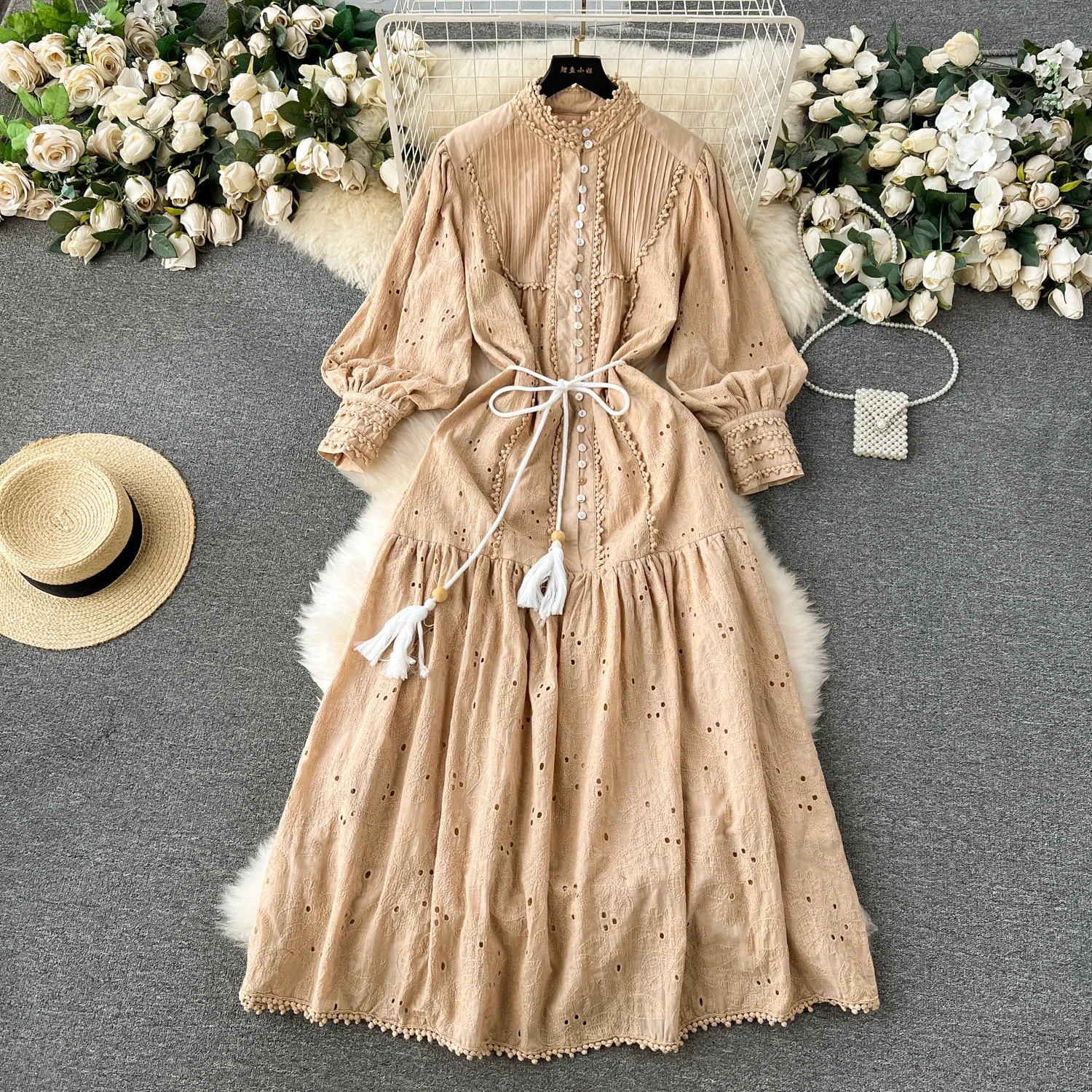 Vintage Stand Neck Lantern Sleeve Chic Embroidered Hook Flower Slim Bandage Dresses French Evening Women Fashion Autumn Clothing