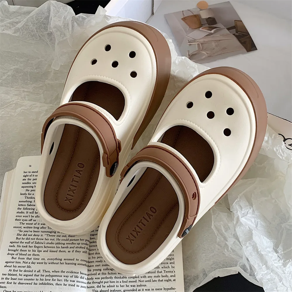 Mary Jane Summer New EVA Thick Sole Perforated Shoes Women Wearing Elevated Soft Sole DIY Solid Color Two Wear Home Slippers