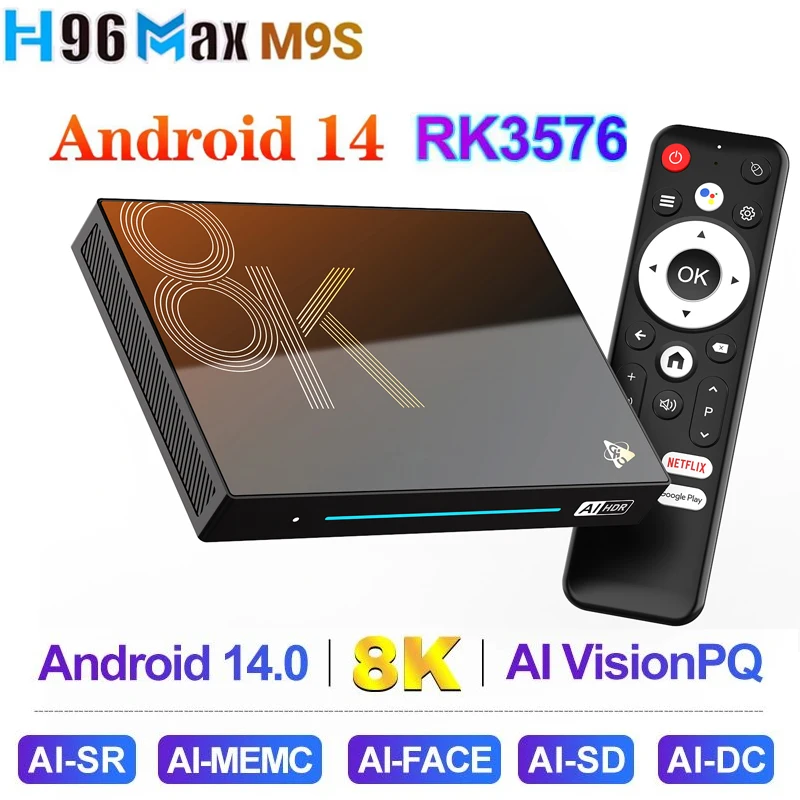 H96 MAX M9s Android 14 Smart TV Box RK3576 8GB DDR4 128GB 1000M Wifi6 يدعم دقة فائقة 8K مشغل وسائط فك تشفير الفيديو