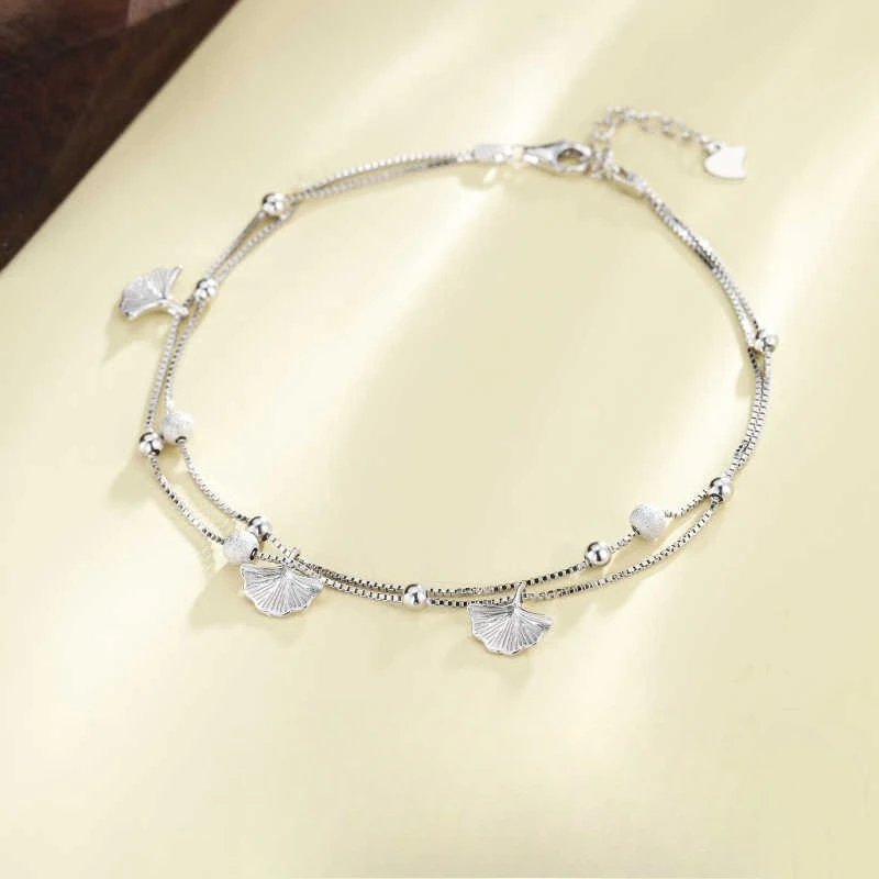 Romantic Sweet 925 Sterling Silver Small Round Bead Double Layer Ginkgo Anklets for Women Girls Summer Jewelry Accessories Gifts