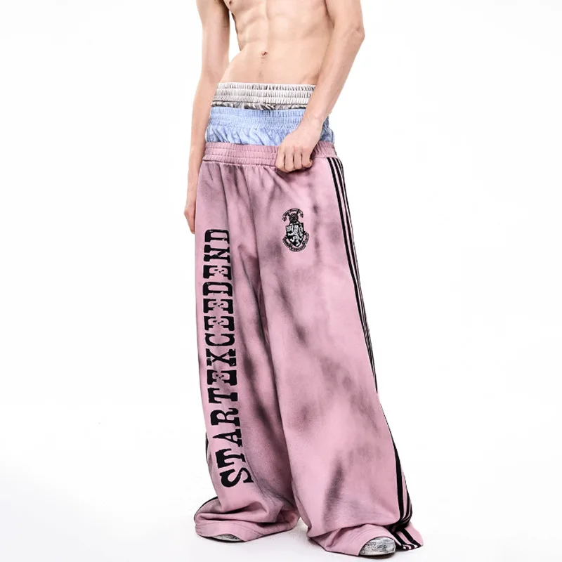 LUZHEN Fashion Personalized Splicing High Waist Straight Sports Casual Pants Men's 2025 Printed Stripe Wide Leg Trousers JY4552