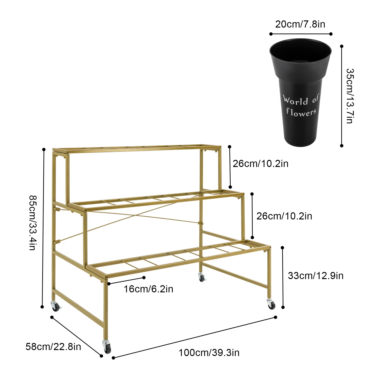 3 Layers Flower Display Stand with 12PCS Black Buckets,Metal Moving Plant Stand with Wheels, Garden Cart Display Flower Shelf image 6