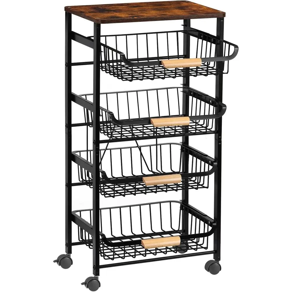 

Kitchen Storage Rolling Cart on Wheels, 5 Tier Metal Rolling Utility Mesh Basket Pantry Cart Rack with Wooden Tabletop or ruit V