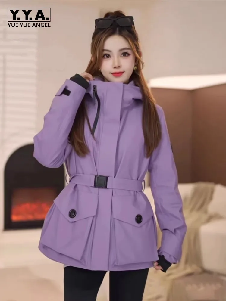 

Stand Collar Hooded Winter Parkas Women High Waist Sashes Windproof Warm Padded Liner Cargo Jacket Casual Outside Outerwear New
