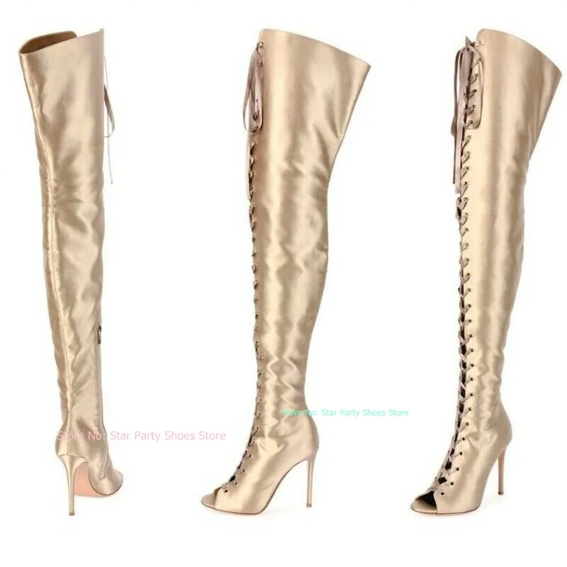 Graceful Woman Gold Satin Hollow Out Tie Lace Up Stiletto High Heels Peep Toe Over Knee Back Zipper Boots