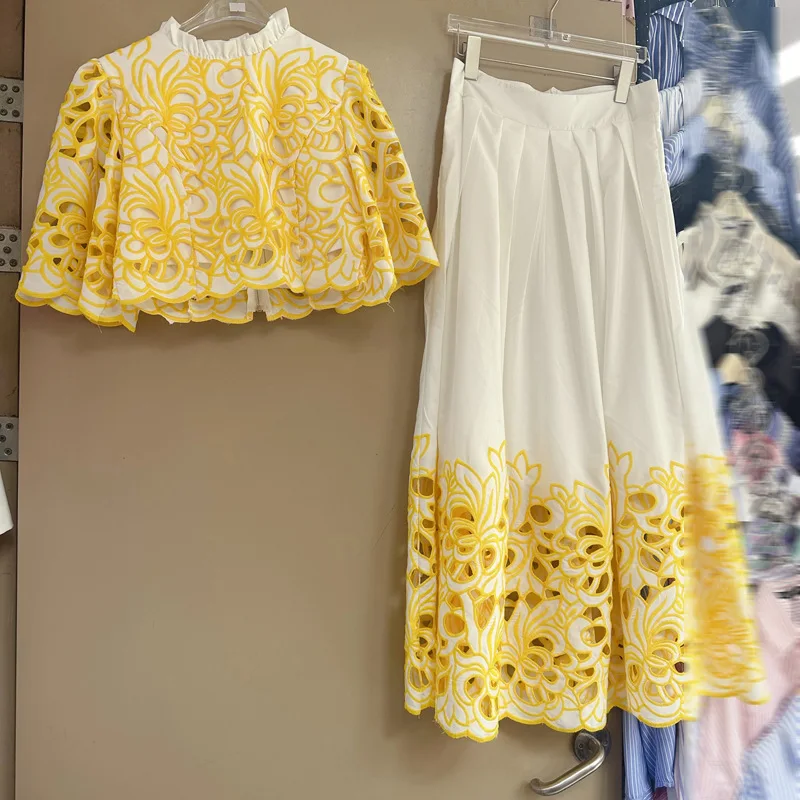 

Women Elegant Floral Embroidered Hollowing Two Piece Set Ruffled Top and Pleated Skirt Yellow White Fashion Outfit Party Dress