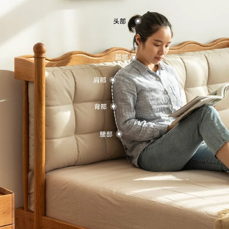 Nordic solid wood Windsor bed Japanese retro cherry wood log double bed all solid wood technology leather soft bag bed