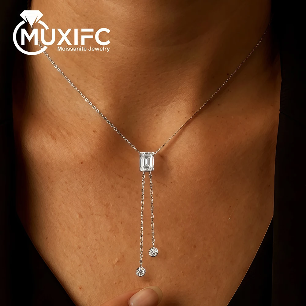 

1-2 CT Emerald Cut Moissanite Pendant Necklace for Women S925 Silver Minimalist Tassel Chain Wedding Party Bridal Fine Jewelry