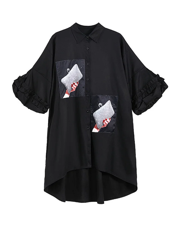 [EAM] Women Black Printed Big Size Irregular Shirt Dress New Lapel Long Sleeve Loose Fit Fashion Tide Spring Autumn 2024 1DE7356