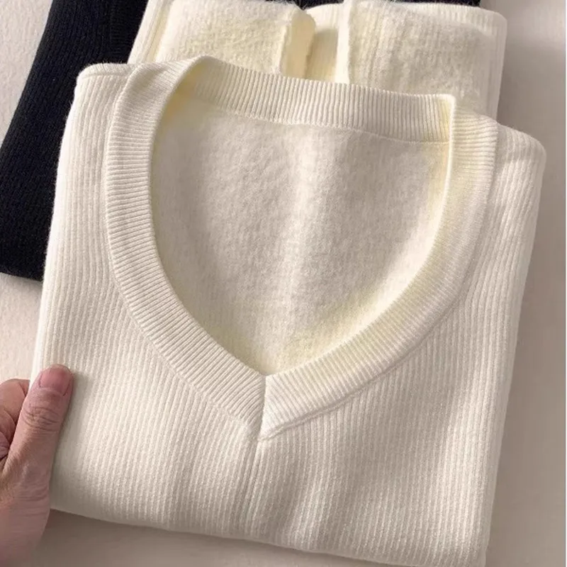 

Women's Fleece Lined Thickened Base Layer Shirt Long Sleeve Knitted V-neck Pullover Autumn Winter New Arrival Warm Slim Sweater