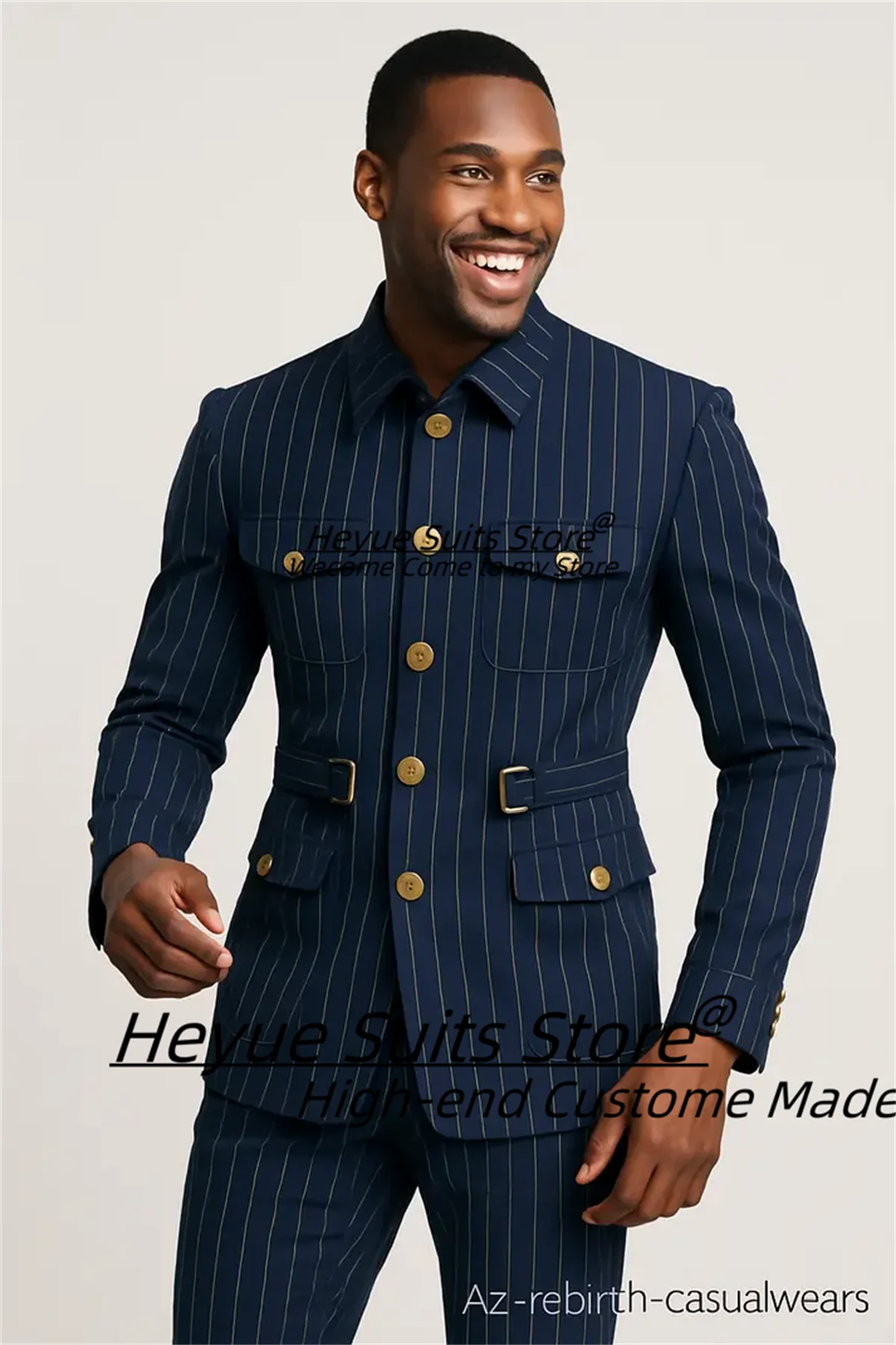 

Business Navy Blue Stripe Men Suits Customized stand collar Slim Fit Groom Tuxedos 2 Pcs Sets Male Classic Blazers Costume Homme