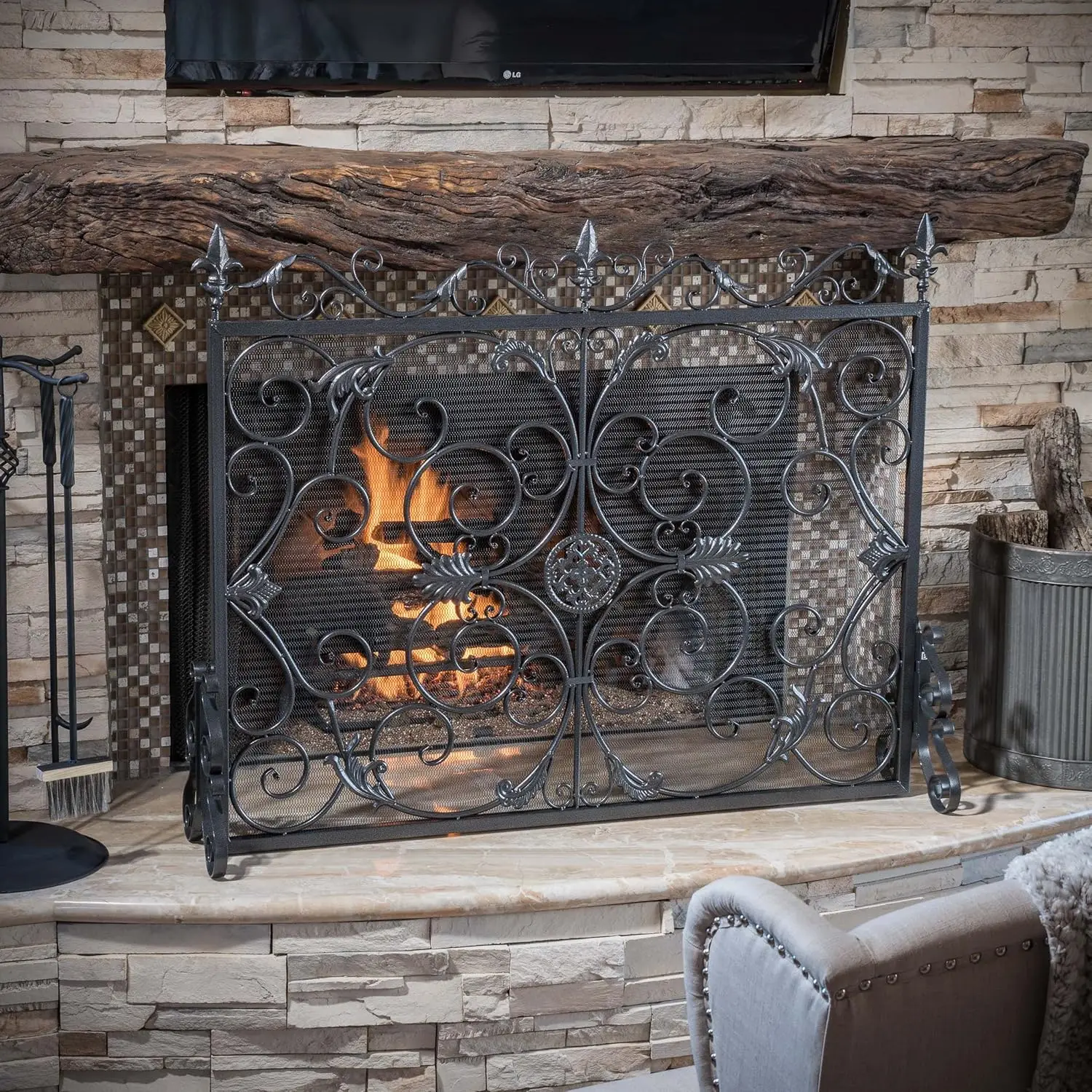 

Elegant Fireplace Doors with Flower Look, Stand Alone Iron Fireplace Screens, Handcrafted Durable Iron Mesh, Free Standing Fi
