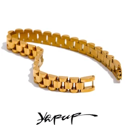 Yhpup 21cm Men Stainless Steel Metal Watch Band Cuban Chain Bracelet Bangle Statement 18K Gold Plated Waterproof Jewelry Bijoux