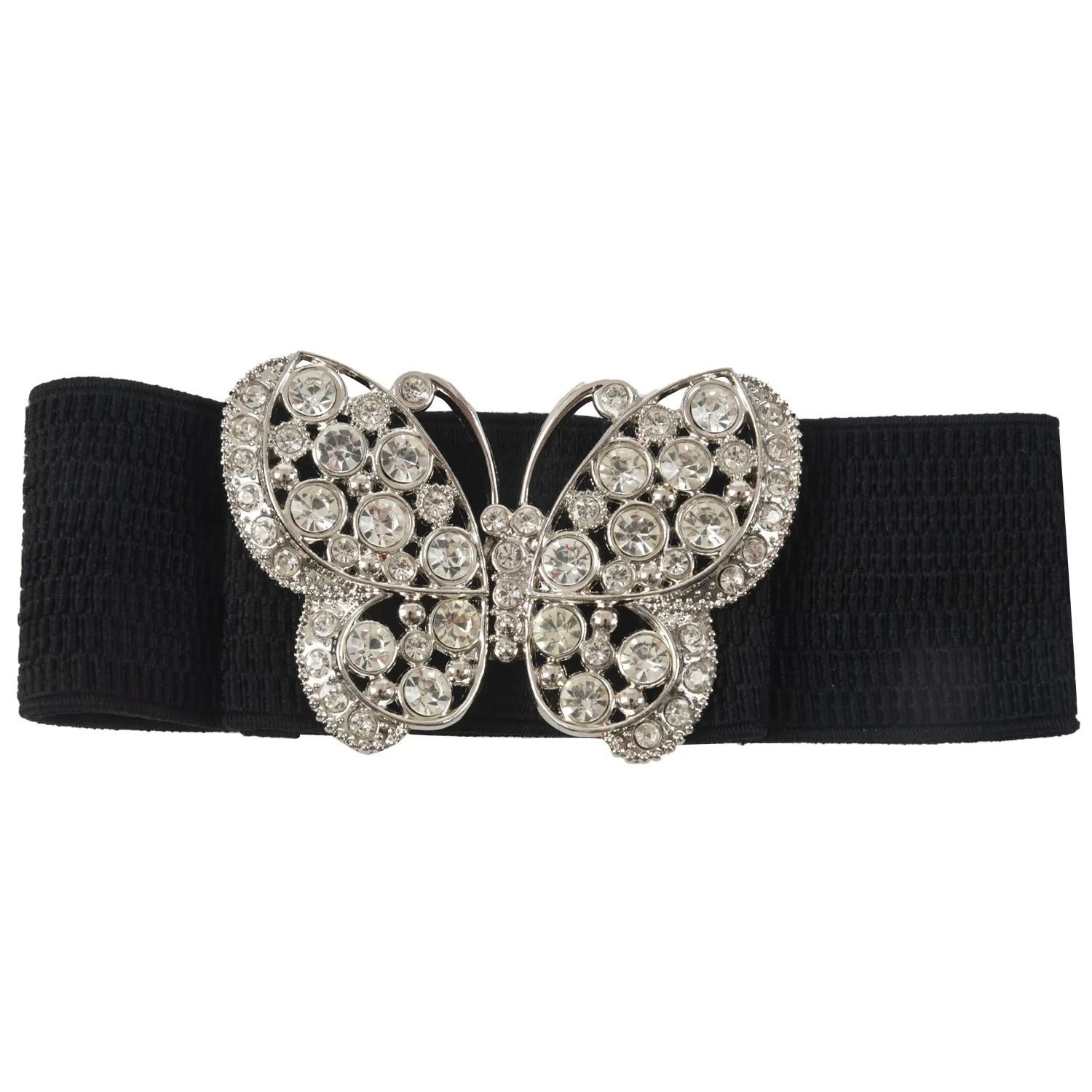 

Women Rhinestones Accent Butterfly Hook Buckle Black Elastic Cinch Waist Belt