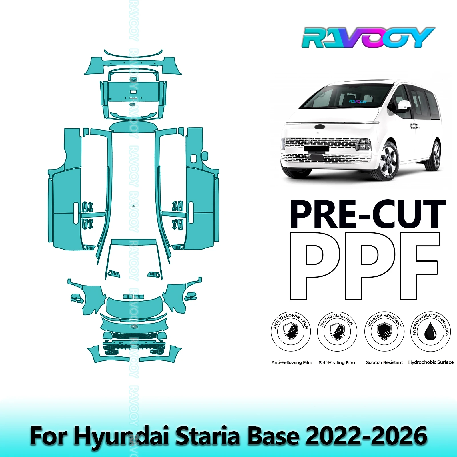 

Пленка для полной защиты кузова автомобиля (PPF) 8.5 Mil, предварительно вырезанная, для Hyundai Staria Base 2022-2026