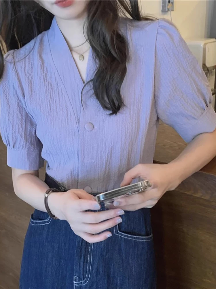 

Slimming V-Neck Short Sleeve Bubble Sleeve Shirt Women's Style Commute Fashion Korean Version Straight Cut Summer New Arrival