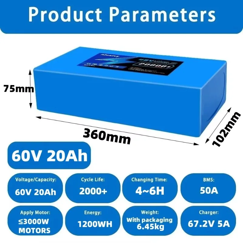 Aleaivy 60V 20Ah 30Ah 21700 Lithium battery pack Electric Bike Lithium Battery Pack for 500W~2000W High Power Bicycle Scooter Mo