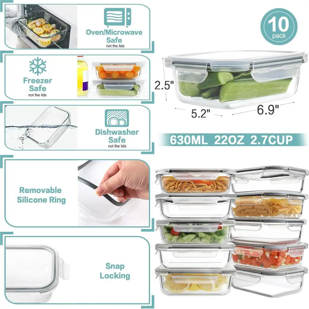 

Set of 10 - 22oz Glass Meal Prep Containers with Lids, Airtight, Leak-Proof, BPA-Free Lunch Boxes (Grey)