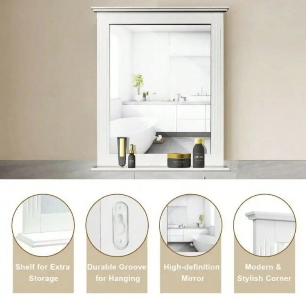 Bathroom Wall-Mounted Mirror W/ Shelf Vanity Makeup Mirror Multipurpose White